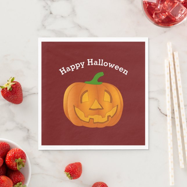 Serviette En Papier Joyeux Citrouille d'Halloween Rouge (En situation)