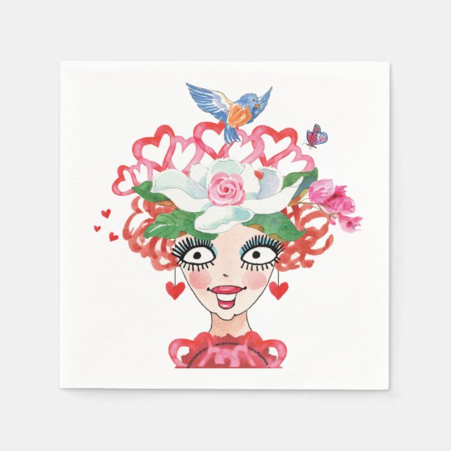 Serviette En Papier Joyeux Coeurs Fleurs Oiseaux Lady Casquette (Devant)