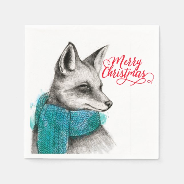 Serviette En Papier Joyeux dessin de renard de Noël (Devant)