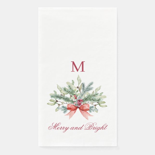Serviette En Papier Joyeux et brillant rouge Monogramme vert (Devant)
