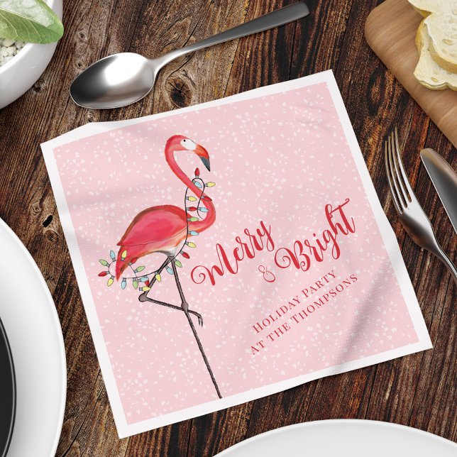 Serviette En Papier Joyeux Flamant rose rose Noël personnalisé (Cute Christmas Merry and Bright pink flamingo holiday lights.)