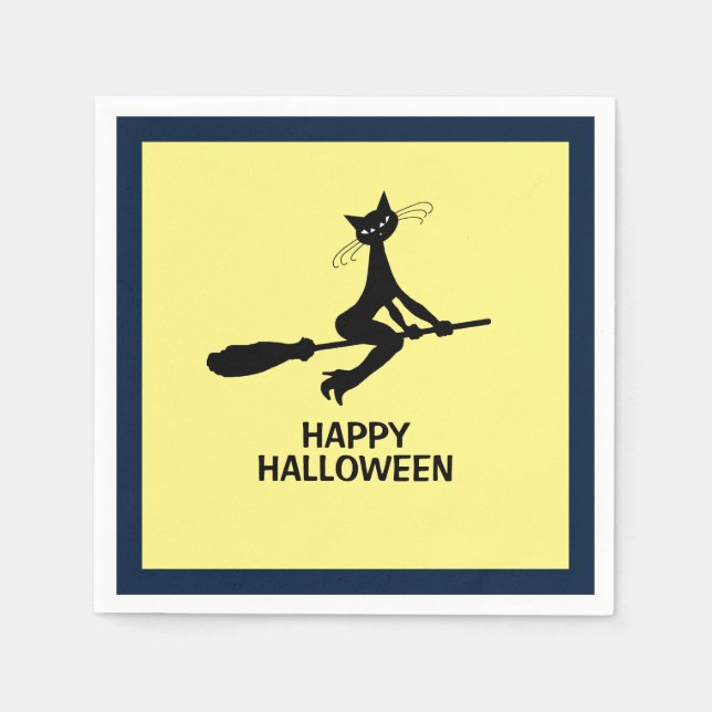 Serviette En Papier Joyeux Halloween, Chat Sur Broomstick (Devant)