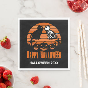 Serviette En Papier Joyeux Halloween Skeleton Chat Retro Sunset