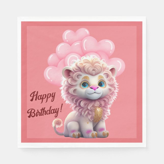 Serviette En Papier Joyeux Lion rose Anniversaire (Devant)