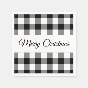 Serviette En Papier Joyeux Noël à carreaux rustique noir et blanc