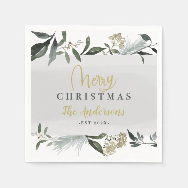 Serviette En Papier Joyeux Noël aquarelle feuillage Noël (Devant)
