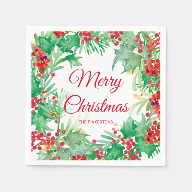 Serviette En Papier Joyeux Noël Aquarelle Holly Wreath Holiday (Devant)