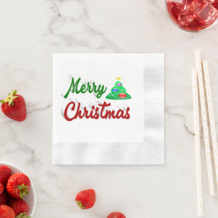 Serviette En Papier Joyeux Noël Arbre rouge vert script