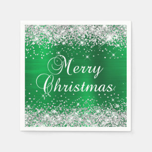 Serviette En Papier Joyeux Noël argent et vert pailleté