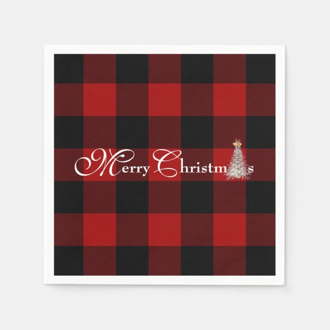 Serviette En Papier Joyeux Noël avec arbre sur buffle plaid (Devant)