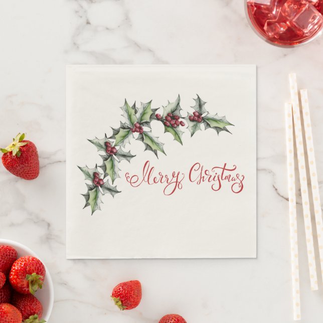 Serviette En Papier Joyeux Noël avec Branche de l'arbre Saint (En situation)