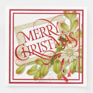 Serviette En Papier Joyeux Noël avec fleurs vertes Jouer l'oreiller