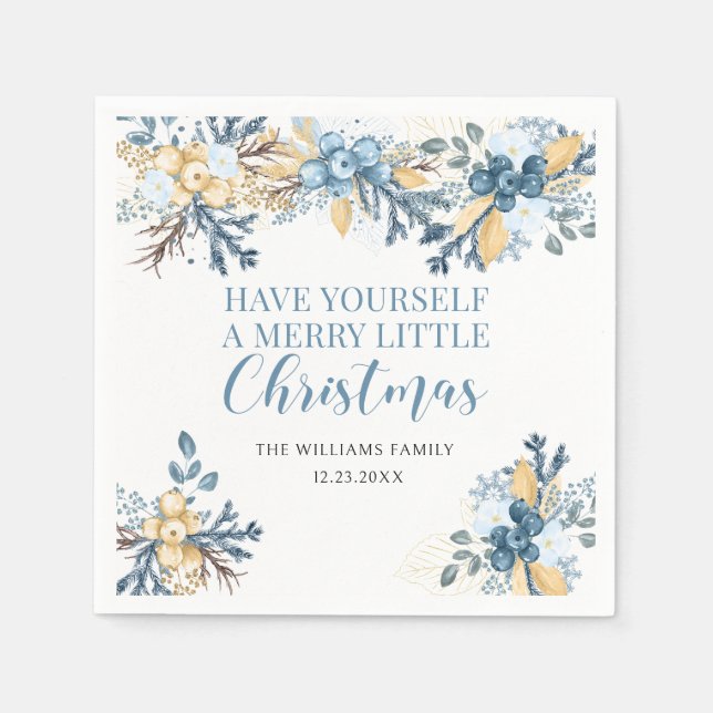 Serviette En Papier Joyeux Noël bleu baies d'hiver papier (Devant)