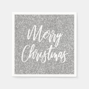 Serviette En Papier Joyeux Noël Calligraphie Paillettes Faux Argent