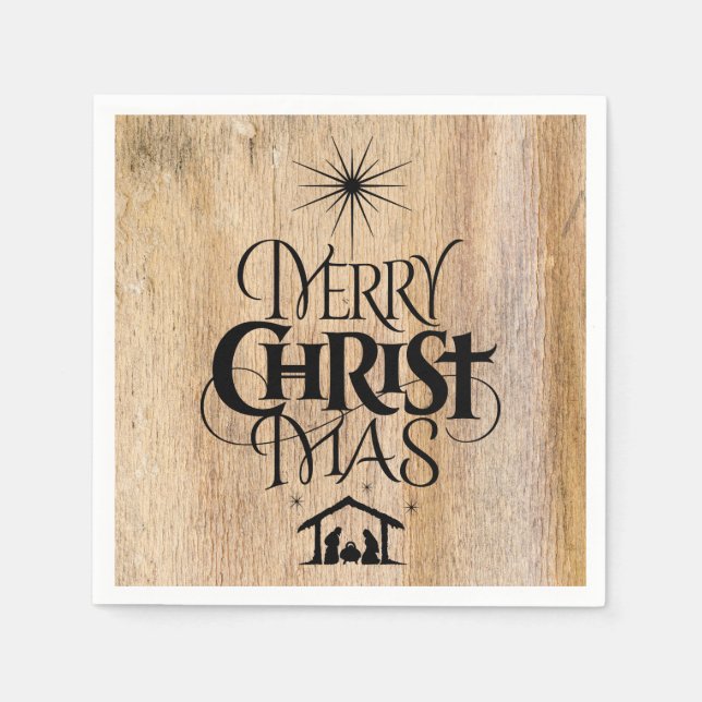 Serviette En Papier Joyeux Noël Calligraphie religieuse Bois rustique (Devant)