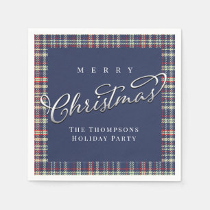 Serviette En Papier Joyeux Noël Calligraphie Script Navy Blue Plaid
