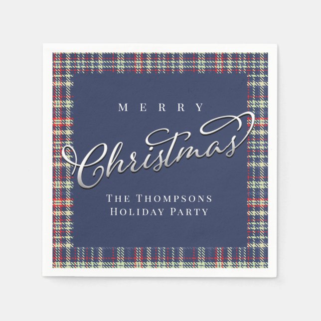 Serviette En Papier Joyeux Noël Calligraphie Script Navy Blue Plaid (Devant)