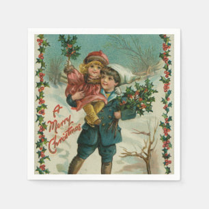 Serviette En Papier Joyeux Noël - carte postale rétro, enfants, houx