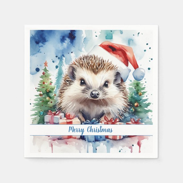 Serviette En Papier Joyeux Noël Casquette Festive Hérisson - (Devant)