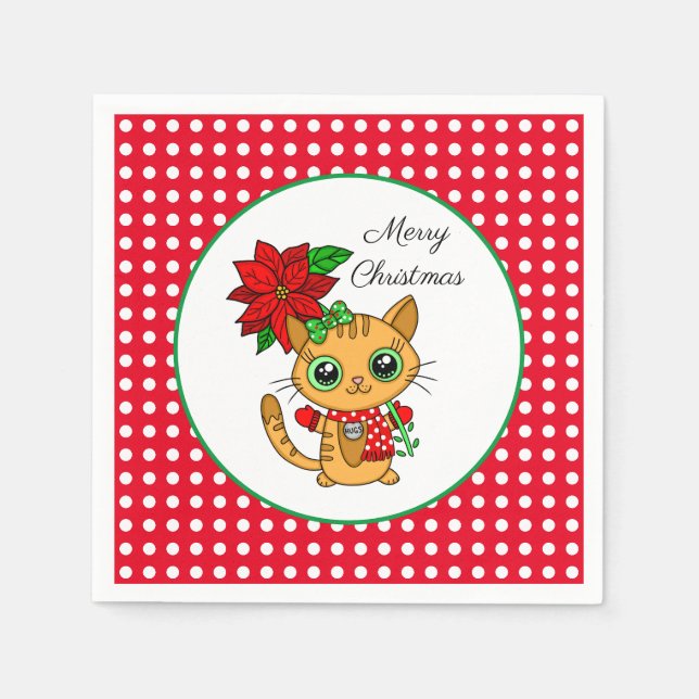 Serviette En Papier Joyeux Noël | Chat orange avec Poinsettia (Devant)