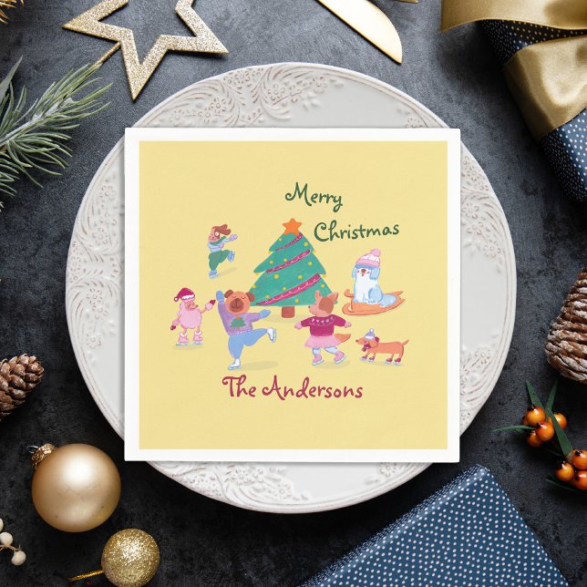 Serviette En Papier Joyeux Noël Chien Ice Patinage Nom Pastel Jaune (Créateur téléchargé)