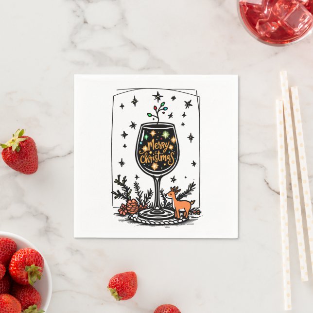 Serviette En Papier Joyeux Noël dans un verre de vin (En situation)