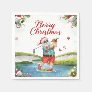 Serviette En Papier Joyeux Noël de golf avec le Père Noël jouant au go