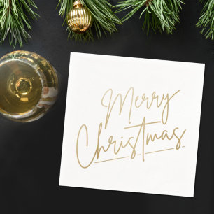 Serviette En Papier Joyeux Noël en or sur des serviettes blanches