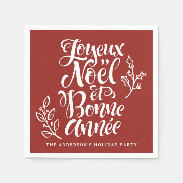 Serviette En Papier Joyeux Noël et Bonne Année Calligraphie Rouge (Devant)