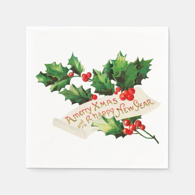 Serviette En Papier Joyeux Noël et Joyeux Nouvel An Holly (Devant)