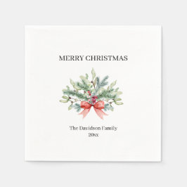 Serviette En Papier Joyeux Noël Famille Aquarelle Verdure