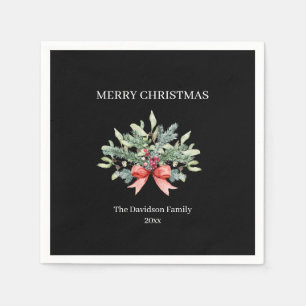 Serviette En Papier Joyeux Noël Famille Aquarelle Verdure Noir