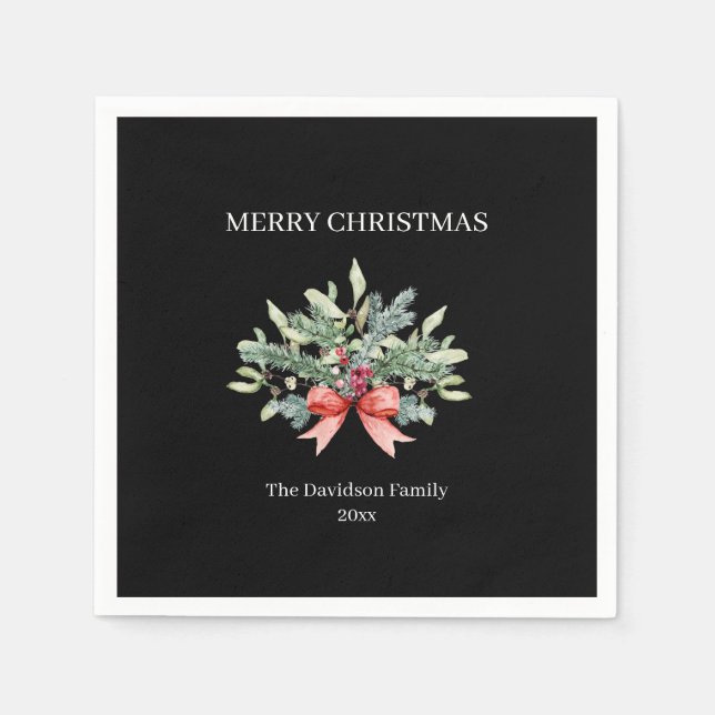 Serviette En Papier Joyeux Noël Famille Aquarelle Verdure Noir (Devant)