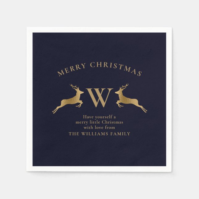Serviette En Papier Joyeux Noël Famille Monogramme Gold Deer Navy (Devant)