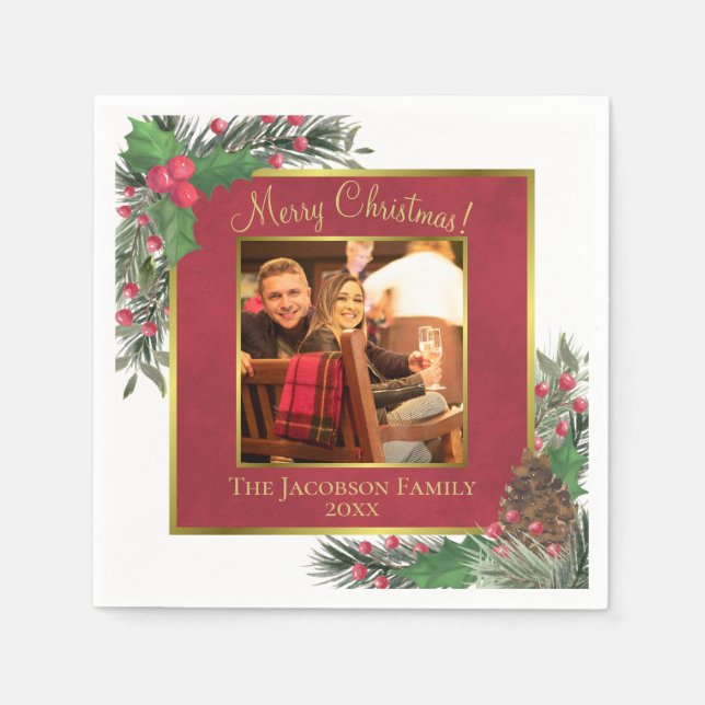 Serviette En Papier Joyeux Noël Festif Holly Berries & Pine Photo (Devant)