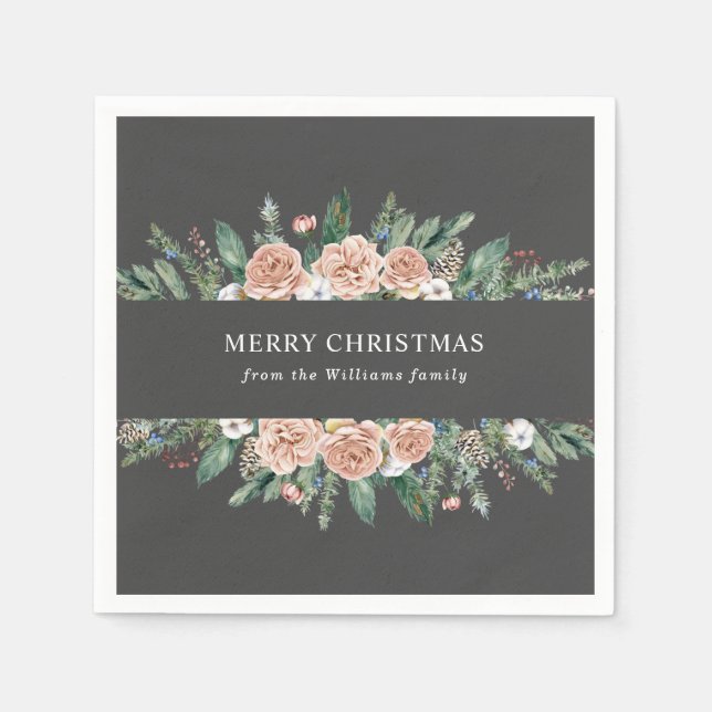 Serviette En Papier joyeux Noël fleuri hiver moderne (Devant)