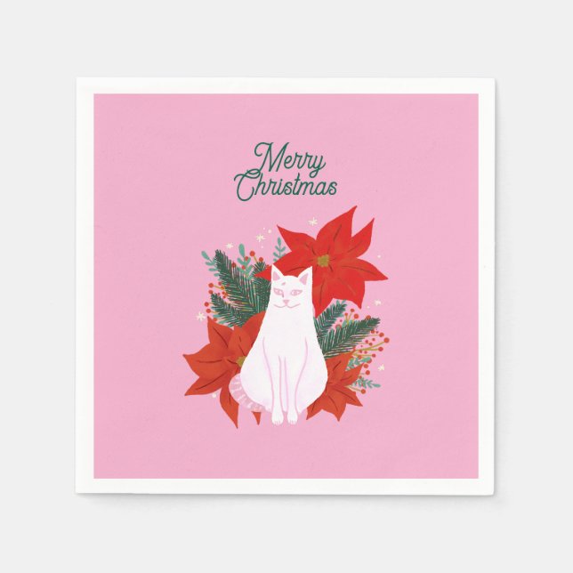 Serviette En Papier Joyeux Noël Floral Chat (Devant)