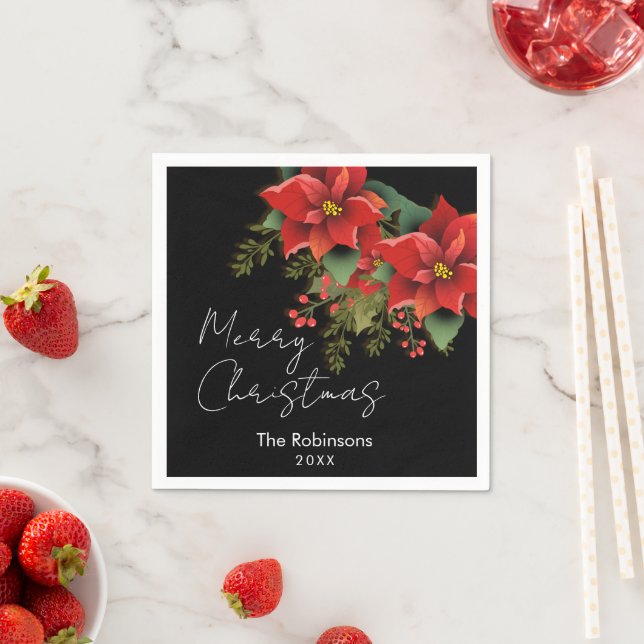 Serviette En Papier Joyeux Noël Floral Poinsettia Noir (En situation)