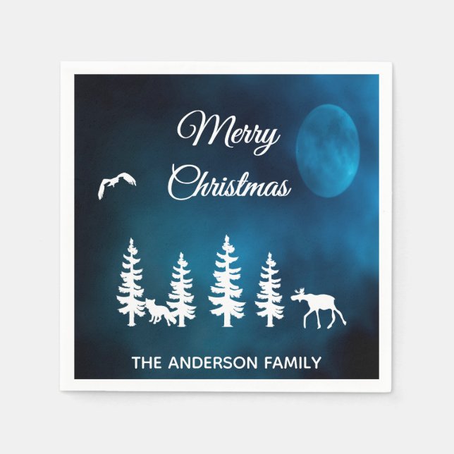Serviette En Papier Joyeux Noël forêt de nuit bleue lune forêt (Devant)