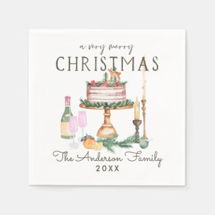 Serviette En Papier Joyeux Noël Gâteau à l'aquarelle et Champagne