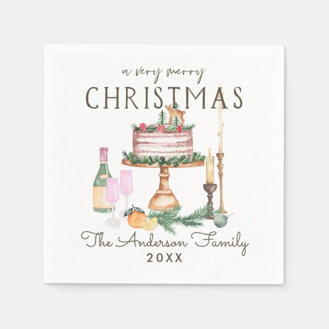 Serviette En Papier Joyeux Noël | Gâteau et champagne aquarelle (Devant)