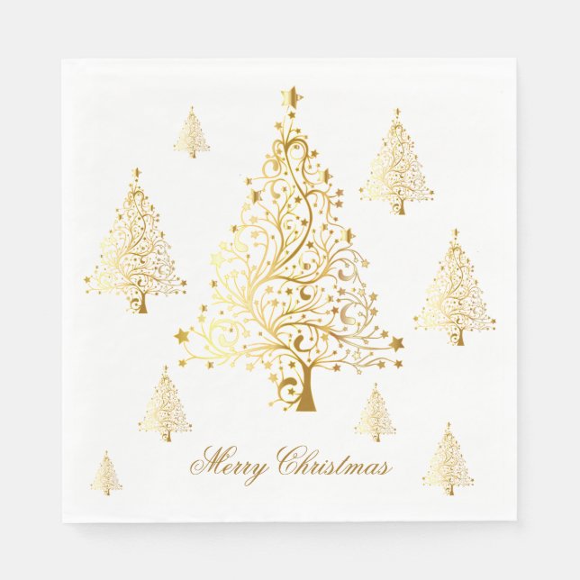 Serviette En Papier Joyeux Noël Gold Arbres de Noël (Devant)