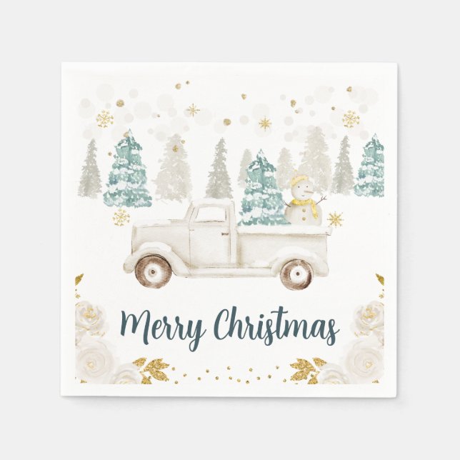 Serviette En Papier Joyeux Noël hivernal blanc et or Camion (Devant)