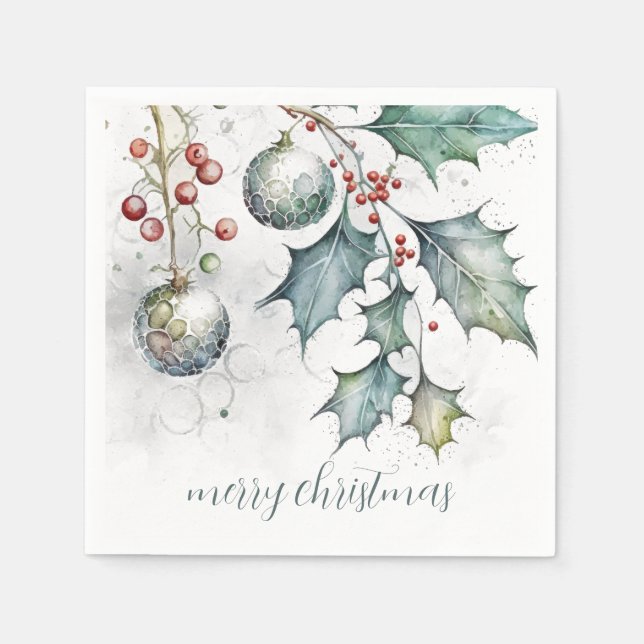 Serviette En Papier Joyeux Noël Holly Ornements Noël (Devant)