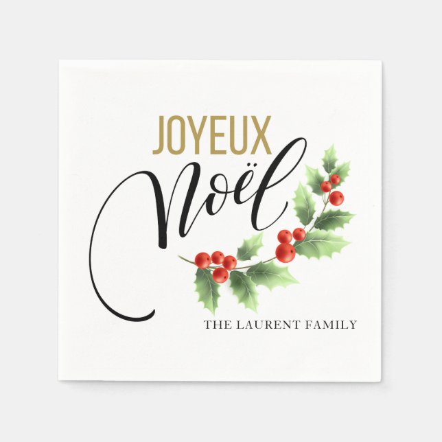 Serviette En Papier Joyeux Noël Holly Photo personnalisée | Noël (Devant)
