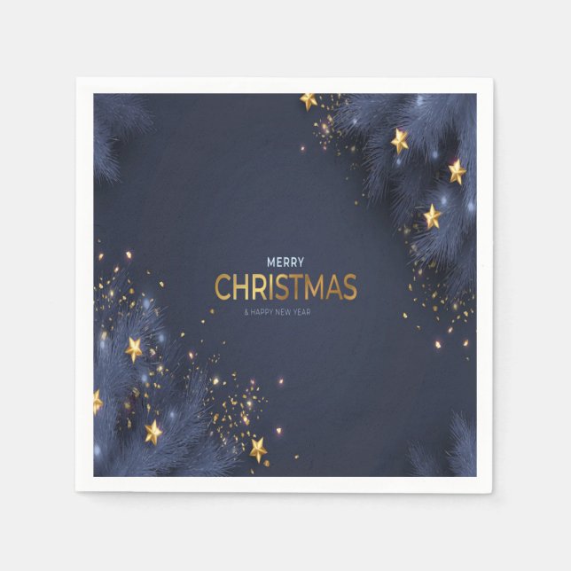 Serviette En Papier Joyeux Noël Marine Typographie bleue et or (Devant)
