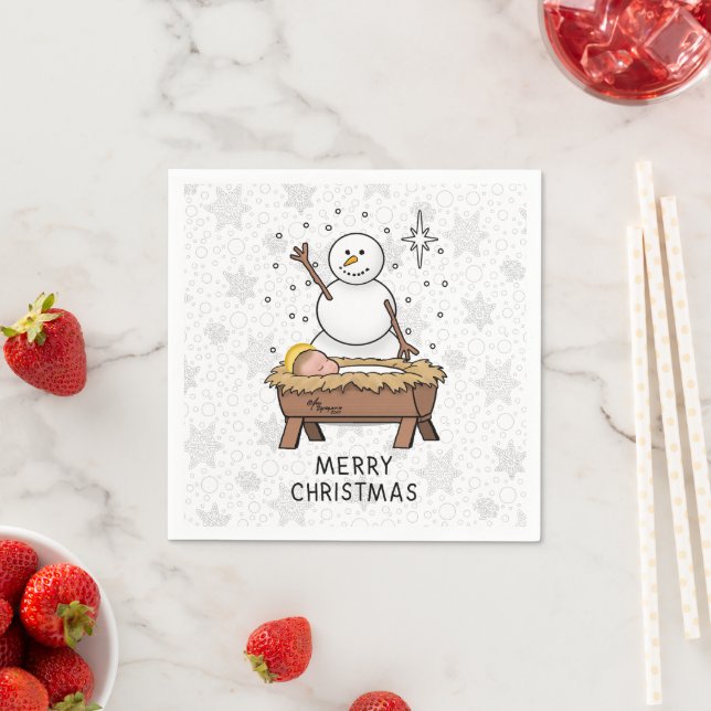 Serviette En Papier Joyeux Noël Nativité bébé Jésus Snowman (En situation)