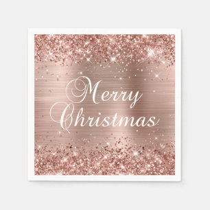 Serviette En Papier Joyeux Noël pailleté or rose métallisé
