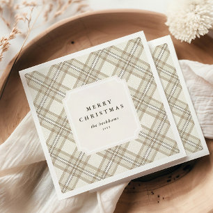 Serviette En Papier Joyeux Noël personnalisé en gingham beige doux