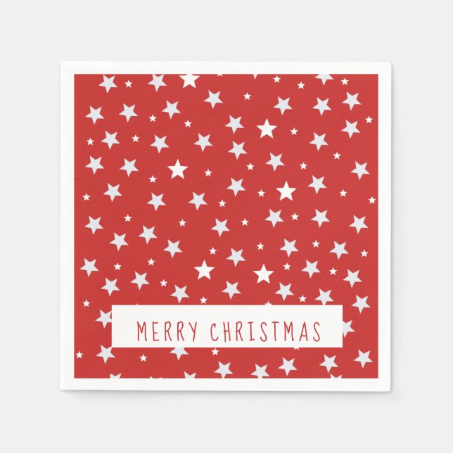 Serviette En Papier Joyeux Noël Rouge Blancs Étoiles Fêtes (Devant)